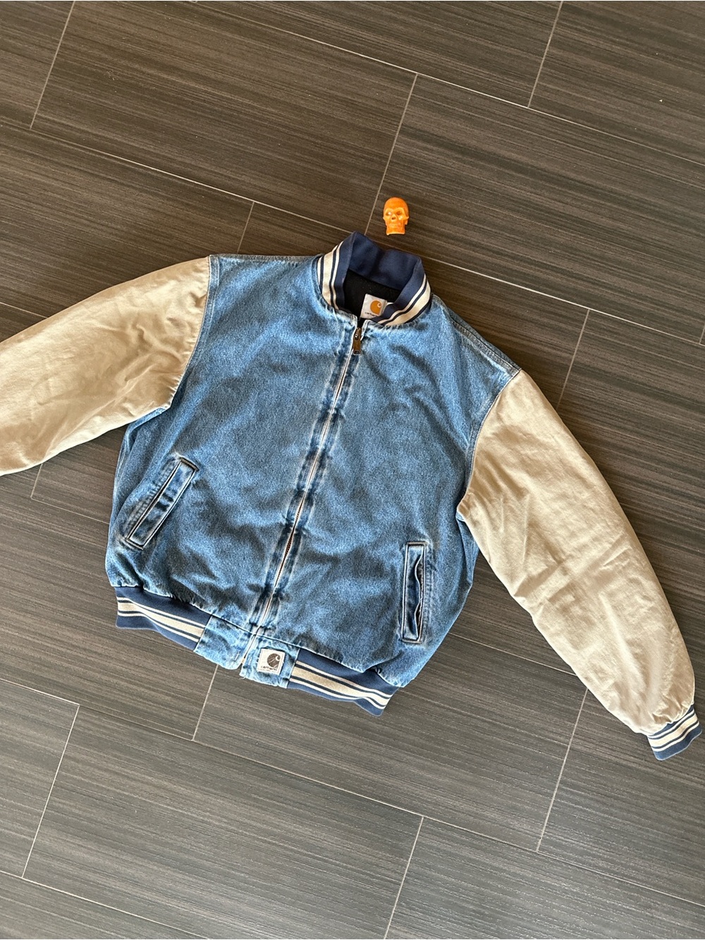 90s Carhartt denim varsity jacket L